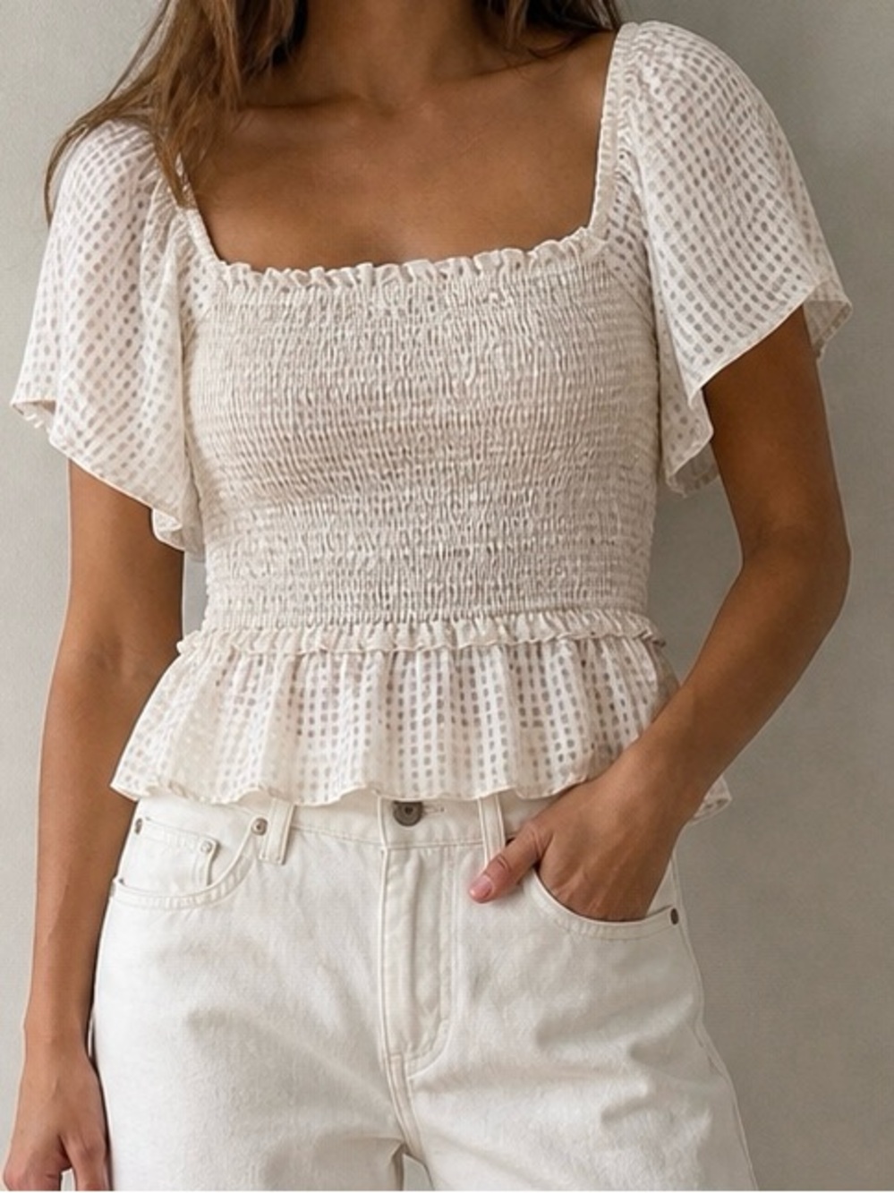 ASTR the Label gingham smocked crop with butterfly sleeves